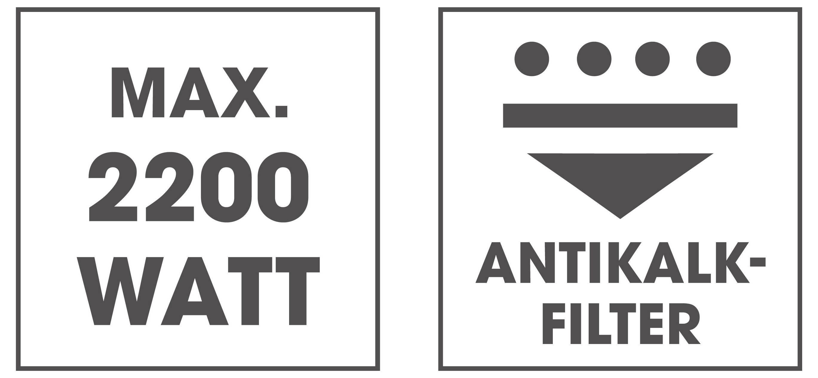 „MAX. 2200 WATT" neben einem Symbol mit fünf Punkten und einem Dreieck mit der Bezeichnung „ANTIKALK-FILTER."