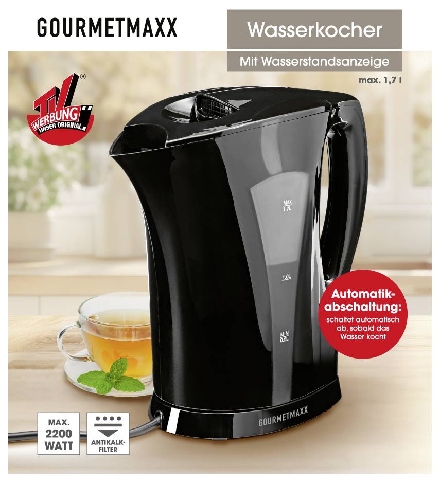Schwarzer elektrischer Wasserkocher auf der Küchentheke, mit der Bezeichnung "GOURMETmaxx". Die Ausstattung umfasst eine Wasserstandsanzeige, ein Fassungsvermögen von 1,7L und eine automatische Abschaltung.