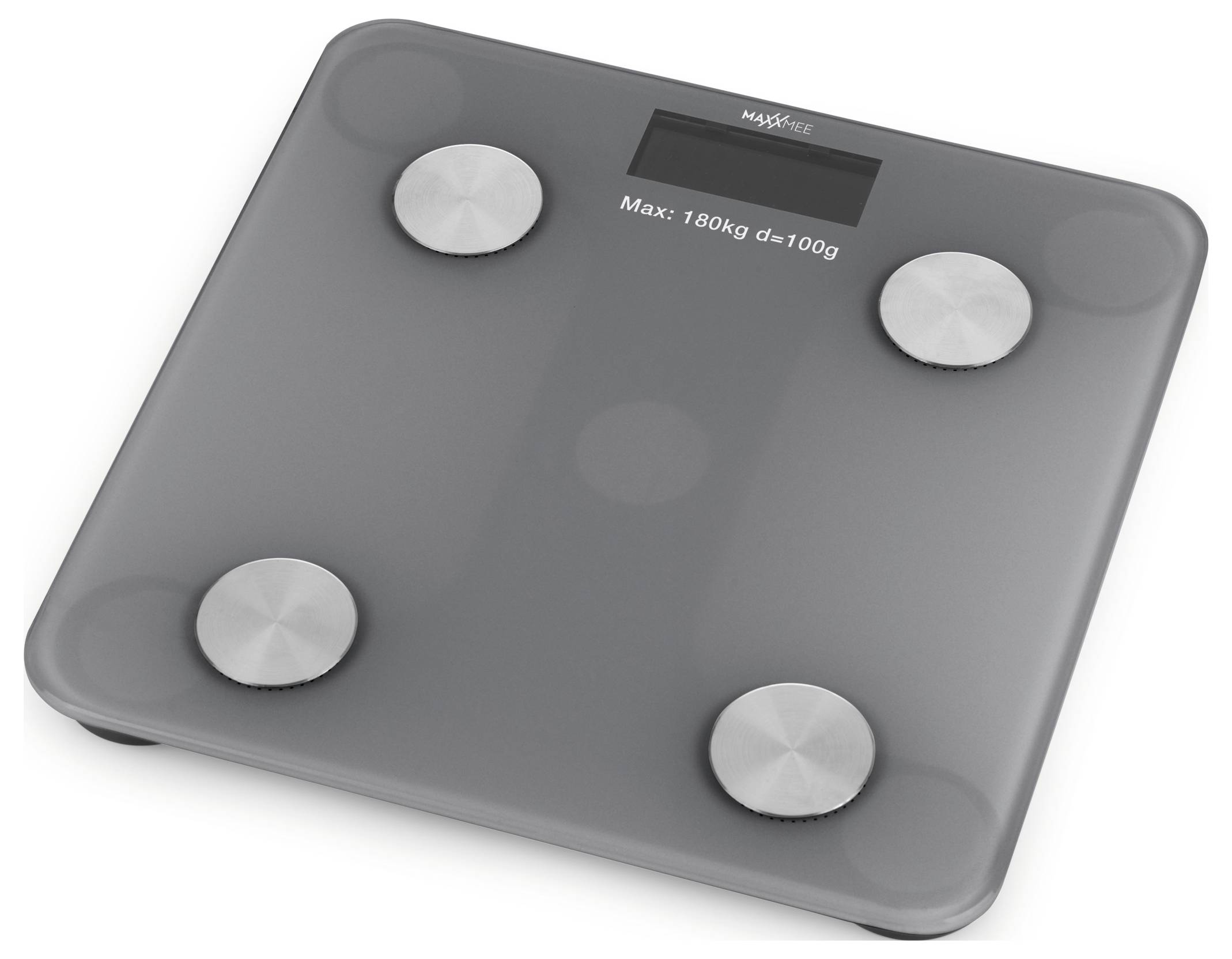 Eine digitale Badezimmerwaage mit einer grauen Oberfläche zeigt "Max: 180kg d=100g" an.