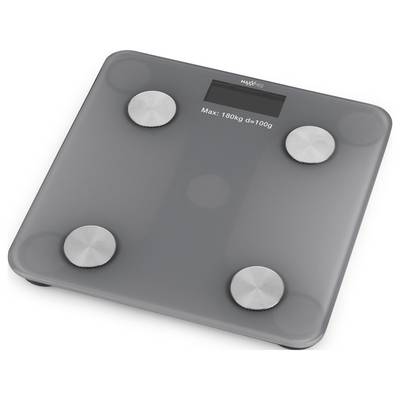 Eine digitale Badezimmerwaage mit einer grauen Oberfläche zeigt "Max: 180kg d=100g" an.