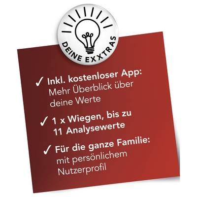 Abzeichen mit einem Glühbirnensymbol liest sich „DEINE EXTRAS". Die Liste beinhaltet: „Inkl. kostenloser App: Mehr Überblick über deine Werte", „1 x Wiegen, bis zu 11 Analysewerte", „Für die ganze Familie: mit persönlichem Nutzerprofil".