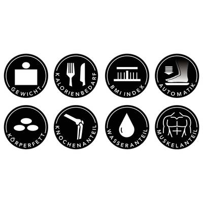 Symbole, die verschiedene Gesundheitsmetriken darstellen: Gewicht, Kalorienbedarfe, BMI-Index, automatischer Modus, Körperfett, Knochenmasse, Wassergehalt, Muskelmasse.