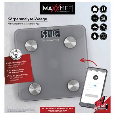 Intelligente Waage mit Bluetooth und Gesundheits-App-Funktionen. Zeigt das Gewicht in Kilogramm an. Beinhaltet App-Konnektivität für Analyse und Familienprofile.