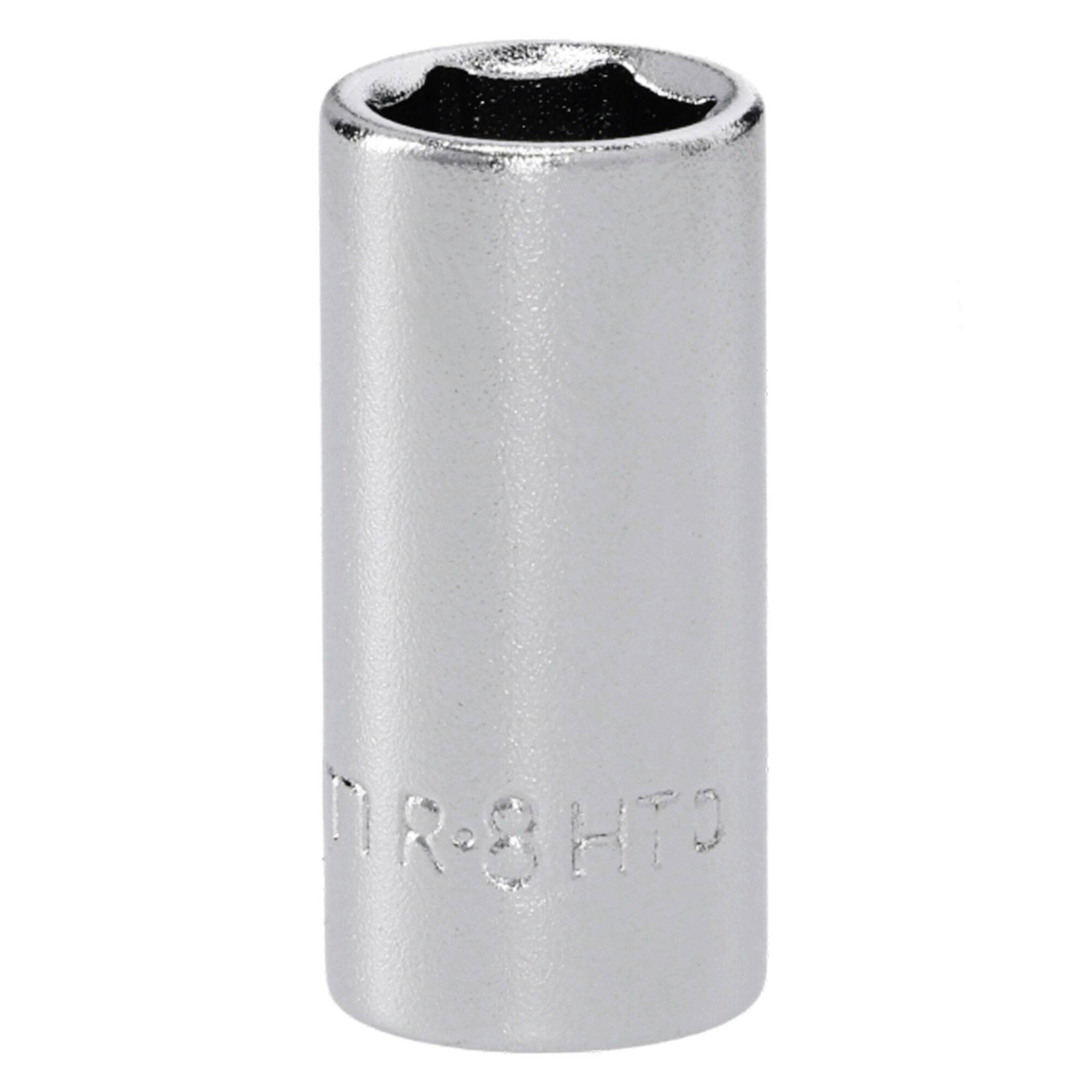 Ein metallischer Steckschlüssel-Kopf, zylindrisch mit sechskantigem Loch, zum Anziehen oder Lösen von Bolzen oder Muttern verwendet.