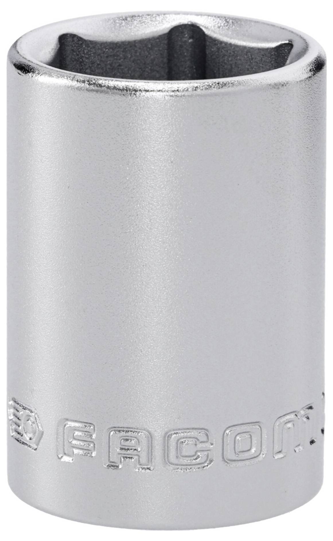 Ein silberner Steckschlüsseleinsatz mit sechskantiger Öffnung. Die Marke „Facom" ist auf der Seite eingeprägt.