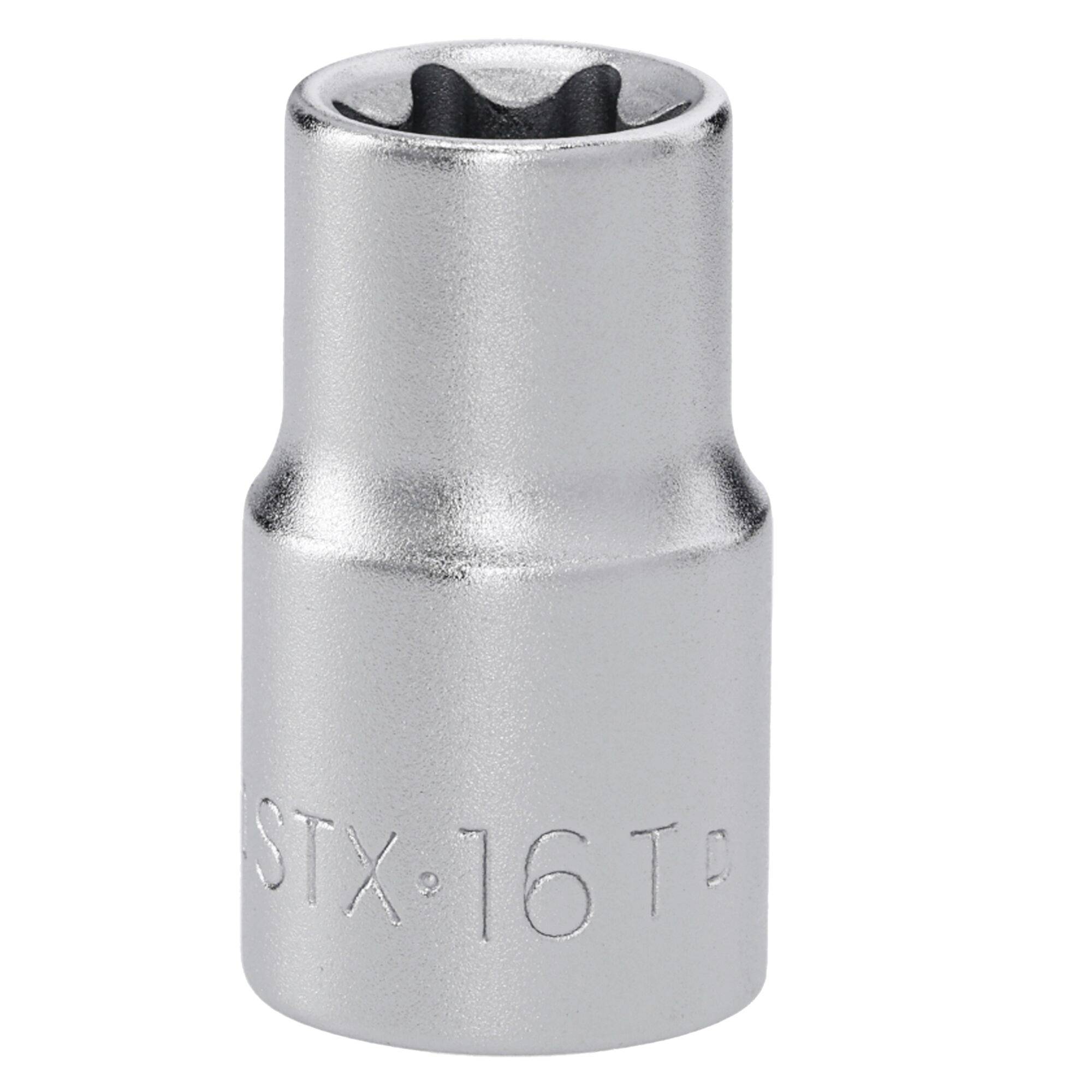 Ein Metall-Stecknuss-Aufsatz mit der Aufschrift „STX 16 T" auf der Seite, entwickelt zum Aufstecken auf Schraubenköpfe zum Anziehen oder Lösen.