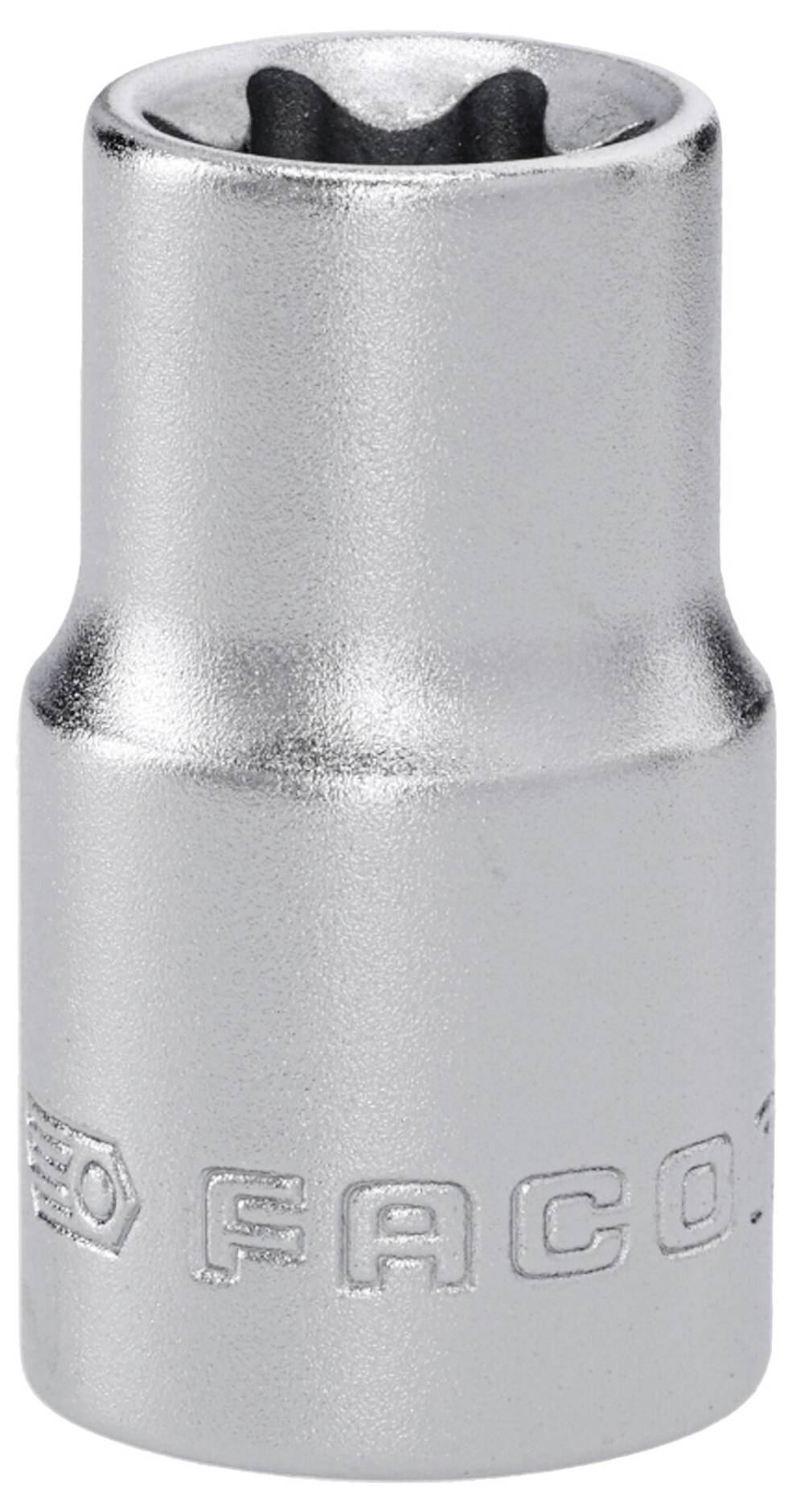 Ein Silber-Stecknussschlüssel mit der Marke "Facom" an der Seite eingraviert, verwendet für mechanische Zwecke und zum Festziehen von Muttern oder Bolzen.