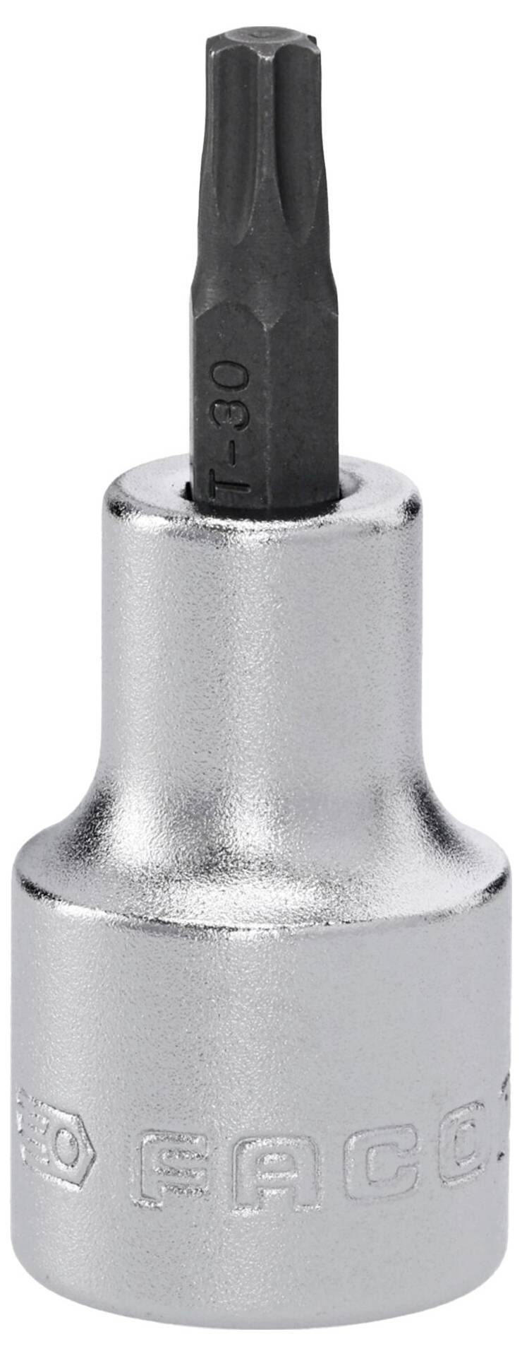 Eine silberne Torx-Stecknuss mit der Aufschrift „FACOM", entworfen für die Verwendung mit einer T30-Schraube, mit einer industriellen, metallischen Oberfläche.