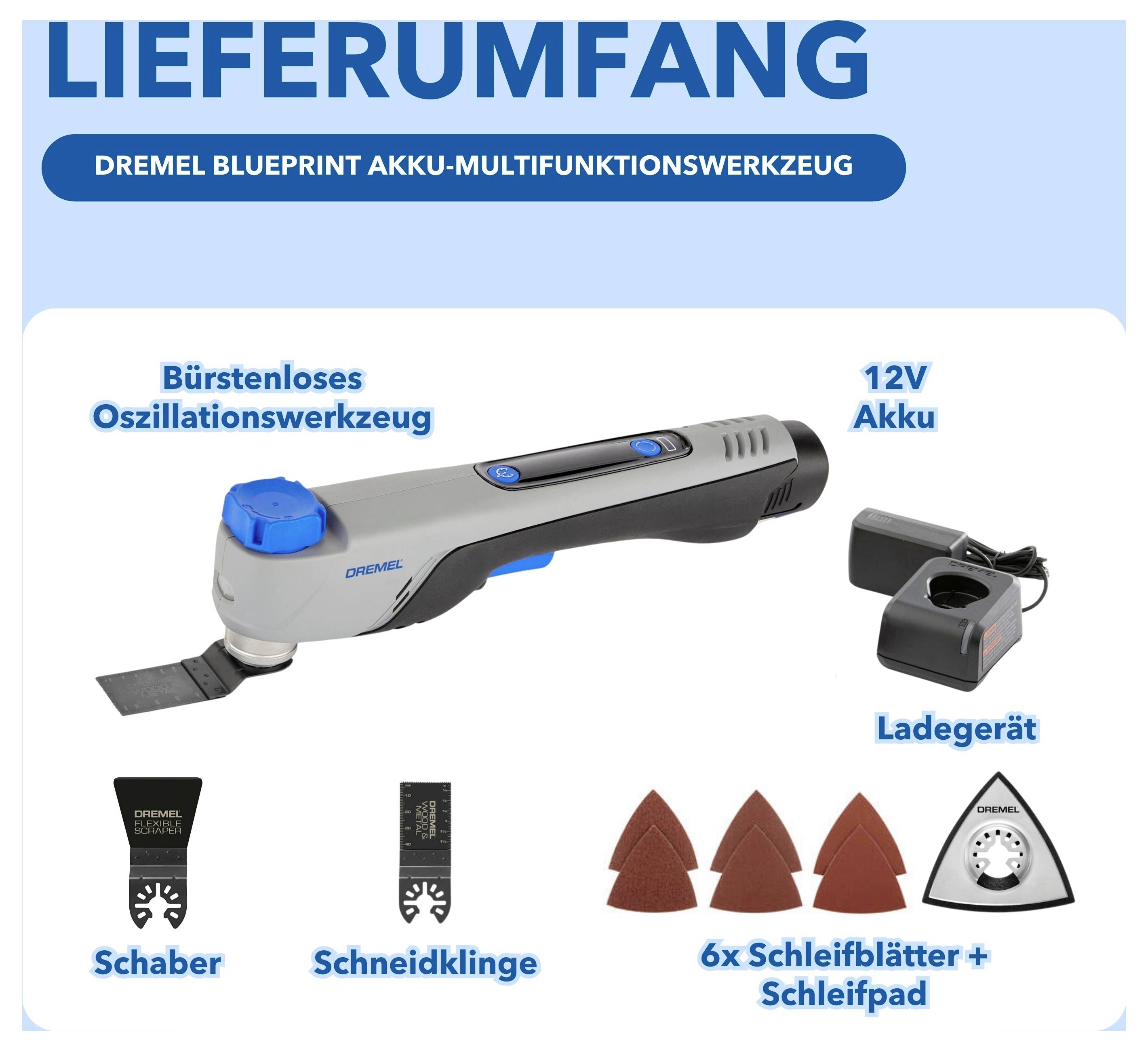 Lieferumfang des Dremel Blueprint Akku-Multifunktionswerkzeugs: bürstenloses Oszillationswerkzeug, 12V-Akku, Ladegerät, Schaber, Schneidklinge, 6 Schleifblätter und Schleifpad.