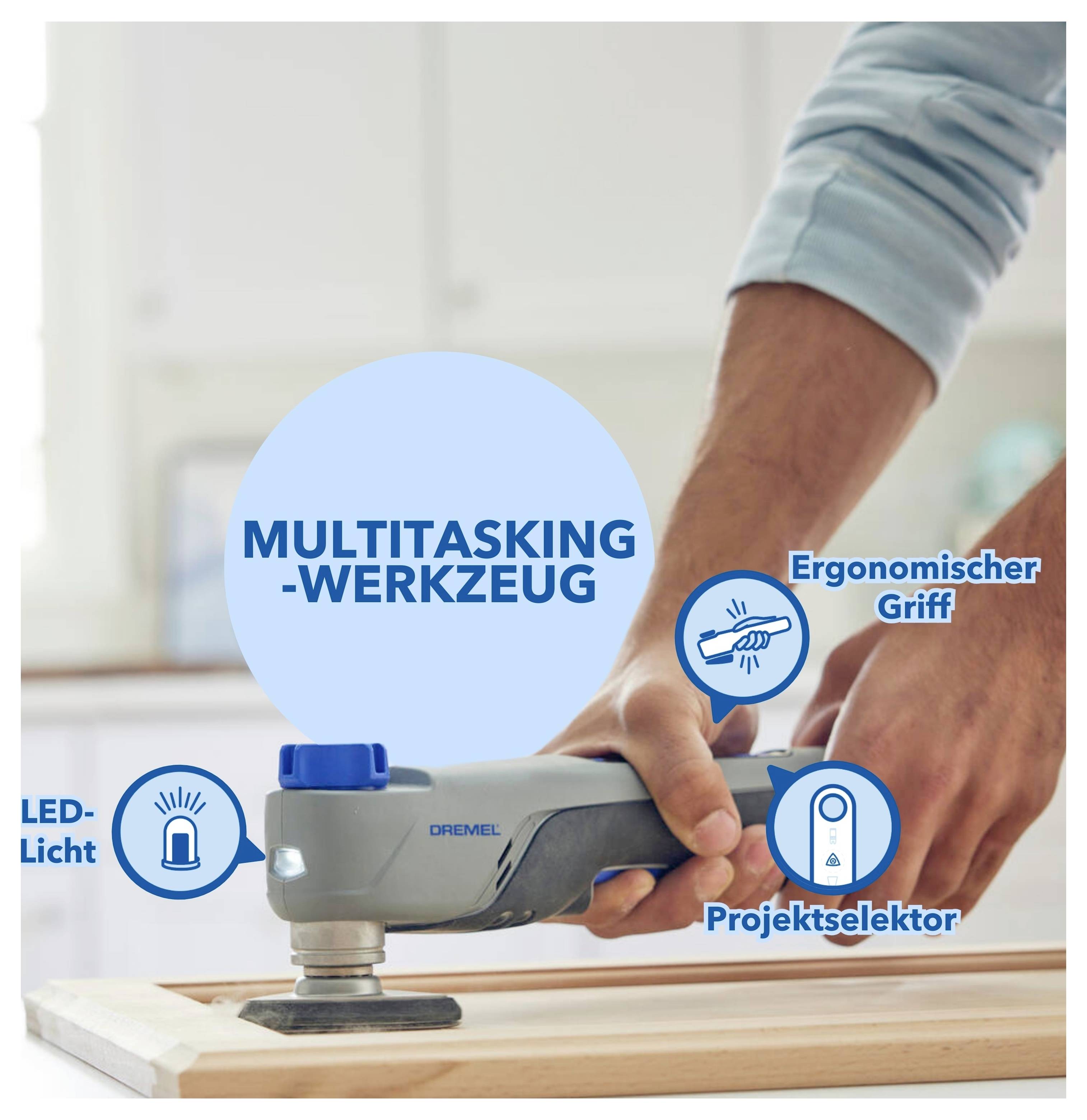 Person benutzt ein Multifunktionswerkzeug an einer Holzplatte; Beschriftungen nennen 'Multitasking-Werkzeug', 'Ergonomischer Griff', 'LED-Licht' und 'Projektselektor'.