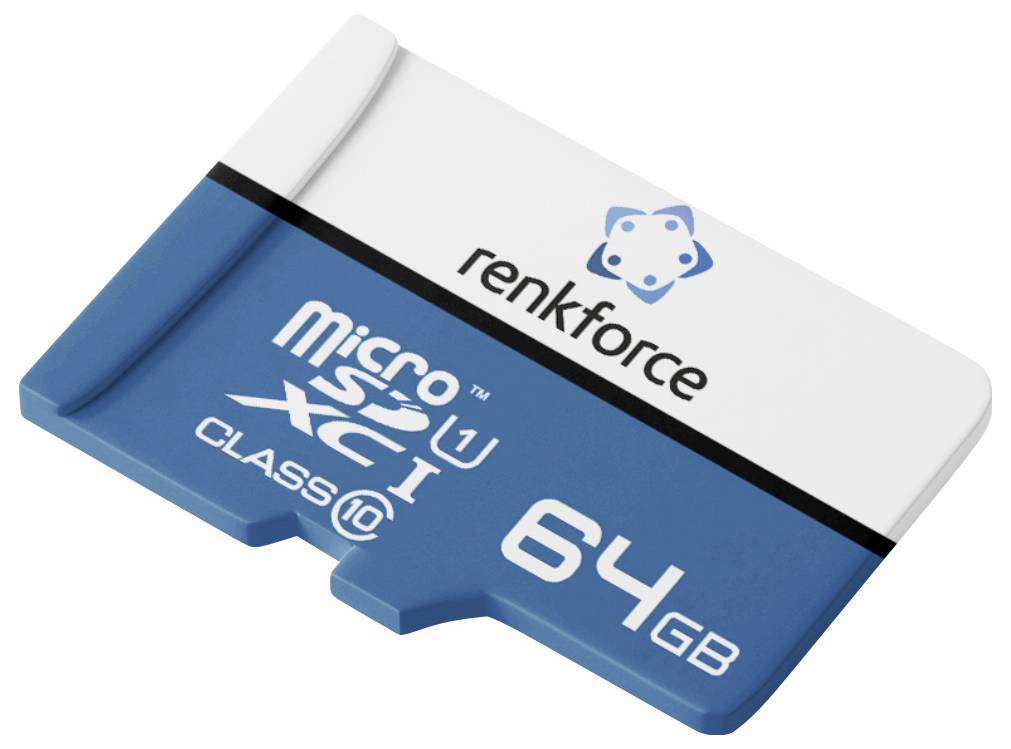 Blau-weiße 64-GB-microSDXC-Speicherkarte mit der Bezeichnung „renkforce" und „micro sdxc I class 10".