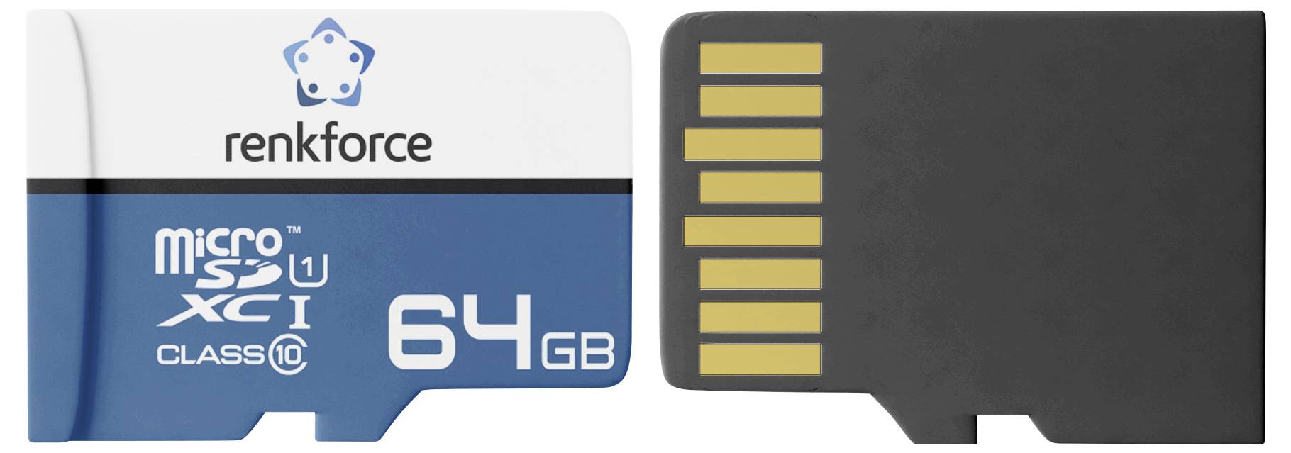 Renkforce 64 GB microSD-Karte, gezeigt mit Vorderseite und goldfarbenem Kontaktbereich.