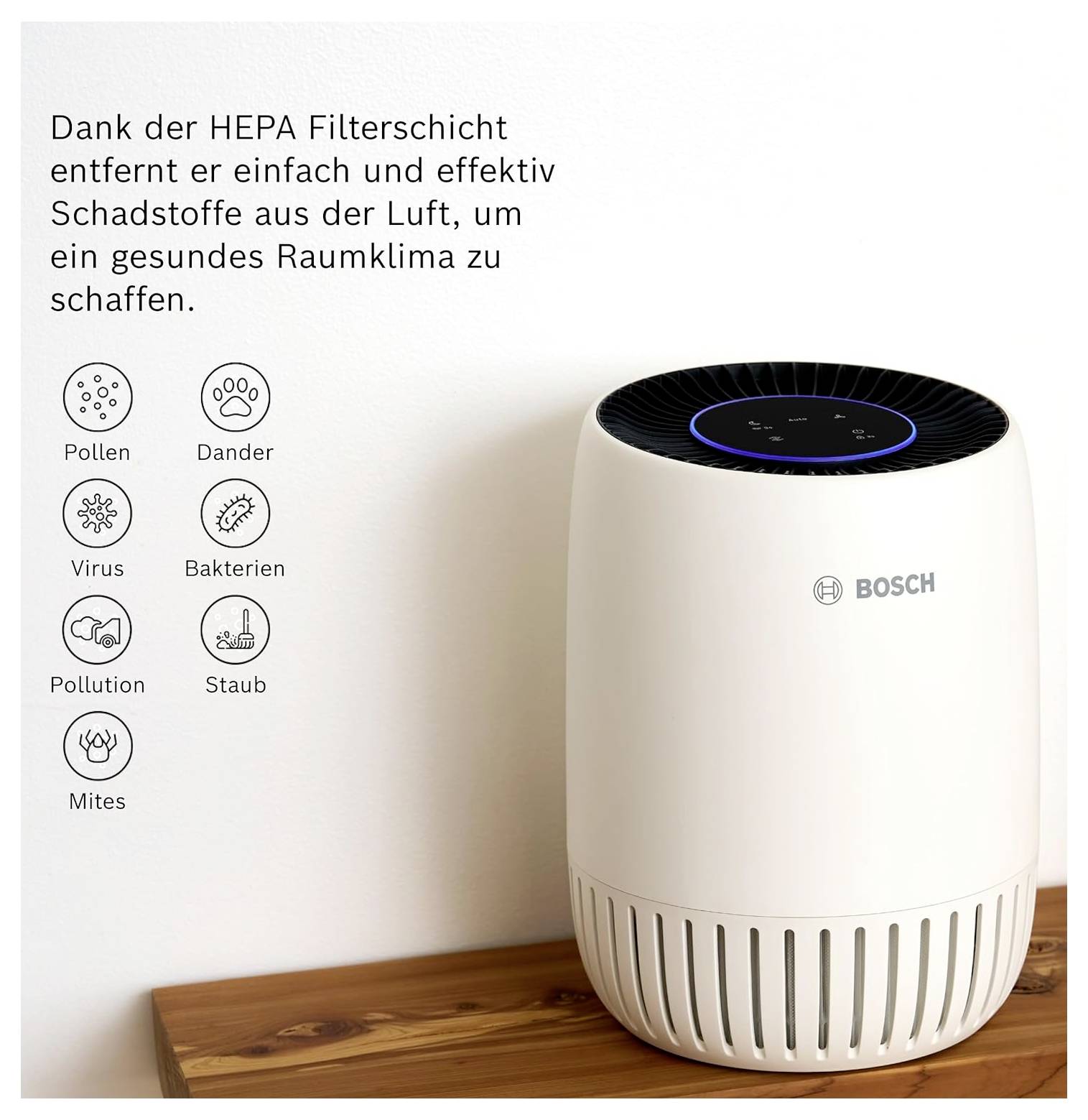 Luftreiniger auf Tisch mit HEPA-Filter, der Schadstoffe wie Pollen, Bakterien und Staub entfernt. Text erklärt gesunde Raumklima-Funktion.