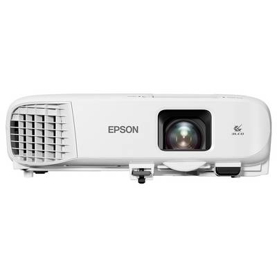 Weißer Epson-Projektor in Vorderansicht mit zentriertem Objektiv und Lüftungsgitter auf der linken Seite, isoliert auf weißem Hintergrund.