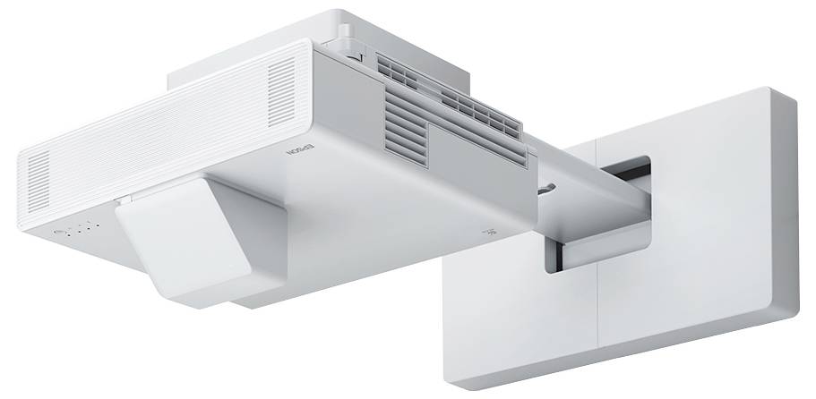 Weißer deckenmontageprojector auf einer verstellbaren wandhalterung, dargestellt in einer seitenansicht vor einem einfachen hintergrund.