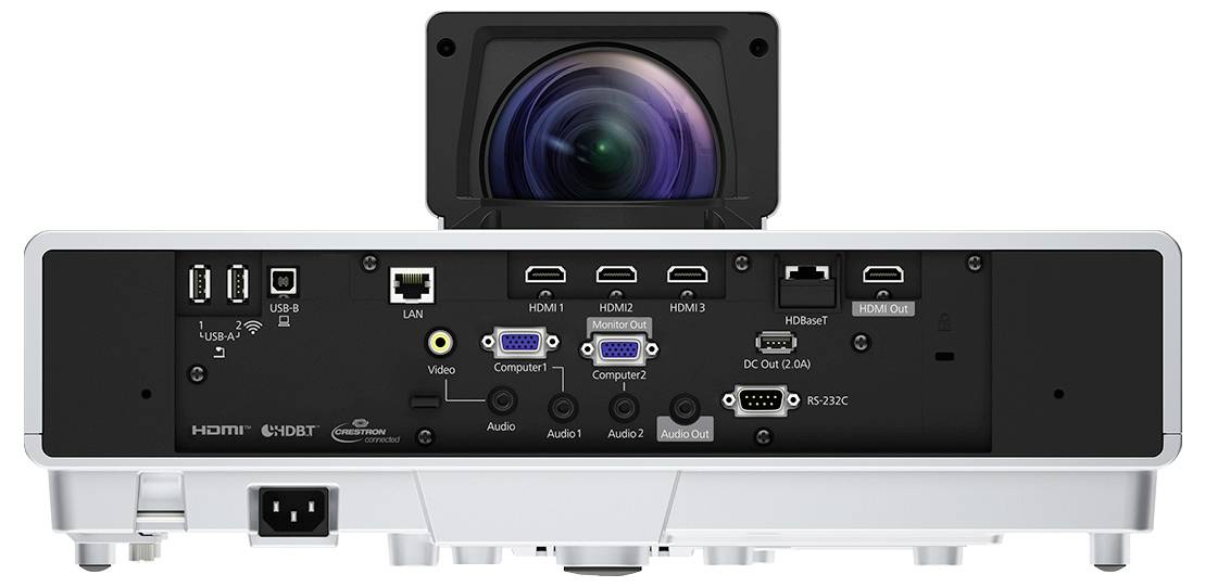 Rückansicht eines Projektors mit Ein- und Ausgabeanschlüssen, einschließlich HDMI, USB, LAN, Video, Audio, RS-232C und Stromversorgungsanschluss.