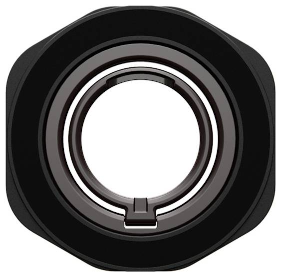 Schwarzer kreisförmiger mechanischer Ring oder Lagerbauteil mit zentrierter Öffnung auf weißem Hintergrund.