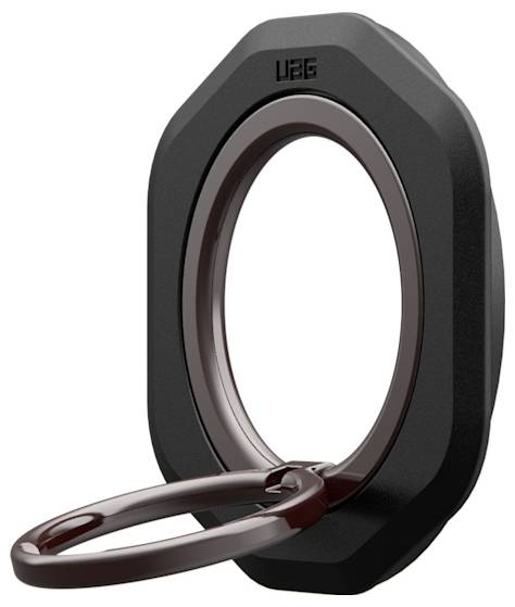 Ein schwarzer und brauner magnetischer Handy-Ringständer, aufrecht dargestellt mit einem ausgefahrenen Scharnier-Rundgriff an der Basis.