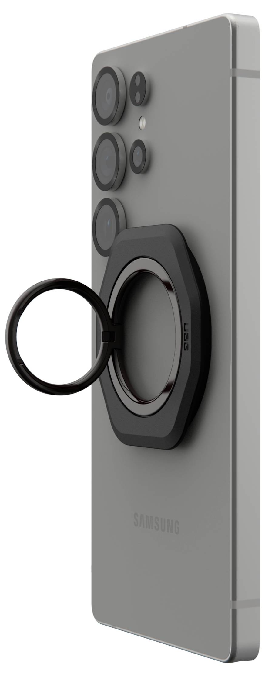 Ein Smartphone mit einem angebrachten kreisförmigen Ringgriff und einem schwarzen magnetischen Kameralinsen-Zubehör auf der Rückseite.