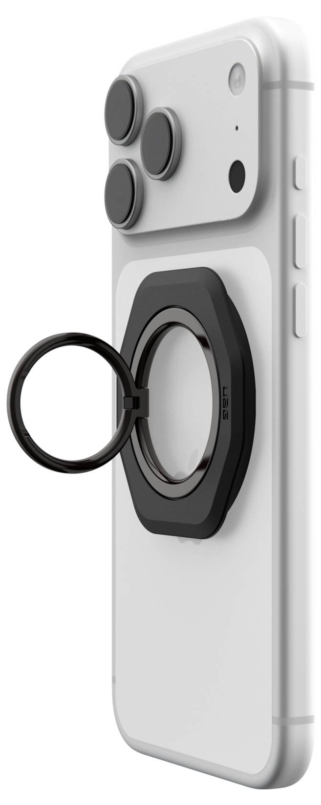 Nahaufnahme eines Smartphones mit einem schwarzen Ringhalter auf der Rückseite, der das hintere Kameramodul und ein graues Schutzcover zeigt.