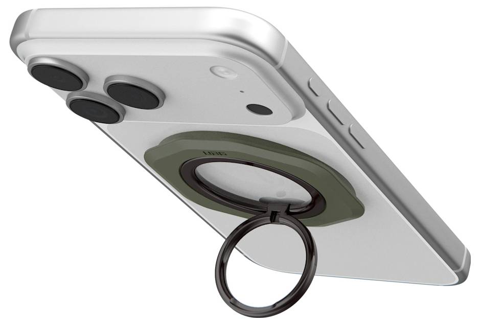 Smartphone-Schutzhülle mit integriertem kreisförmigen Ringständer und drei Aussparungen für die rückwärtige Kamera, von unten auf weißem Hintergrund gezeigt.