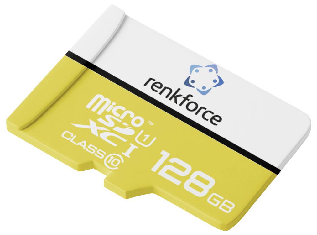 Eine gelb-weiße Renkforce microSDXC-Speicherkarte mit der Bezeichnung „128 GB" und „Klasse 10" auf weißem Hintergrund.