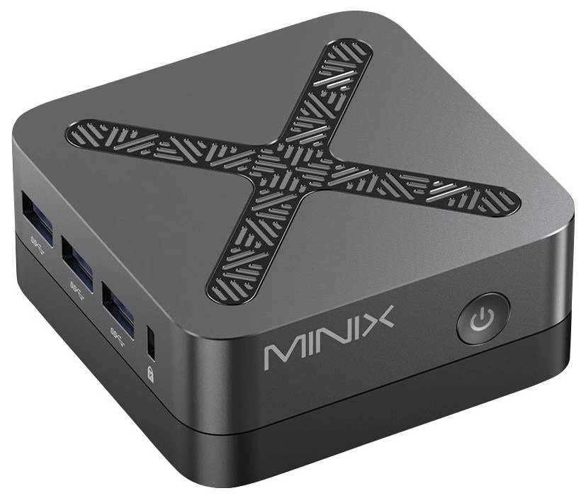 MINIX Mini-PC mit strukturierter X-förmiger Oberseite, vorderen USB-Anschlüssen und einem Stromschalter auf einem dunklen kompakten Gehäuse.