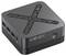 MINIX Mini-PC mit strukturierter X-förmiger Oberseite, vorderen USB-Anschlüssen und einem Stromschalter auf einem dunklen kompakten Gehäuse.