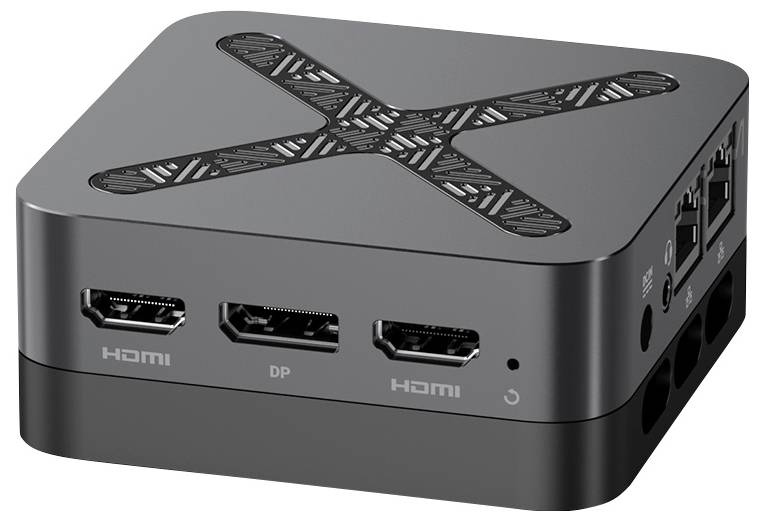 Kleiner schwarzer Mini-PC mit drei vorderen Videoanschlüssen, einschließlich HDMI und DisplayPort, gezeigt in schrägem Produktblick