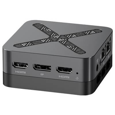 Kleiner schwarzer Mini-PC mit drei vorderen Videoanschlüssen, einschließlich HDMI und DisplayPort, gezeigt in schrägem Produktblick