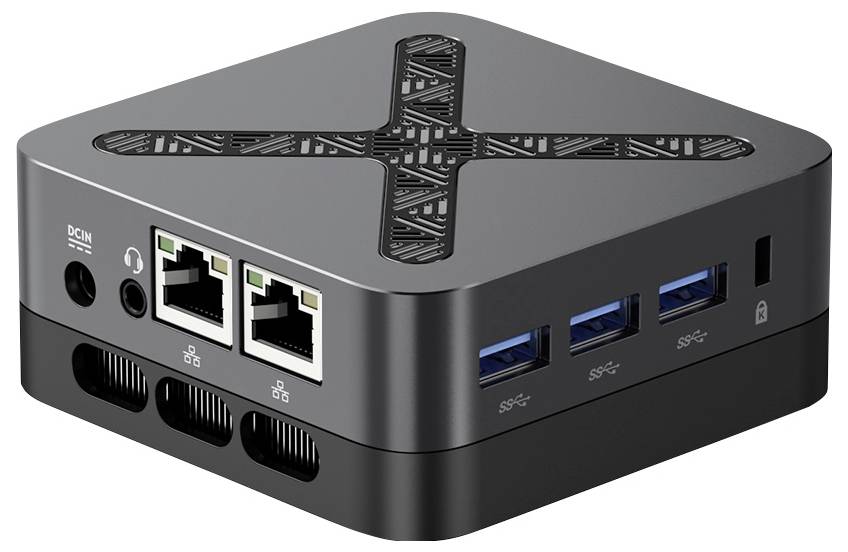 Kompakter schwarzer Mini-PC oder Hub mit belüftetem Oberteil, zwei Ethernet-Anschlüssen, drei USB-Anschlüssen, Kopfhörerbuchse und DC-Eingang