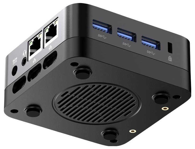 Schwarzer kompakter Mini-PC von unten gezeigt, mit sichtbaren Ethernet-, USB-, Kopfhörer- und Stromversorgungsanschlüssen auf der Rück- und Seitenseite.