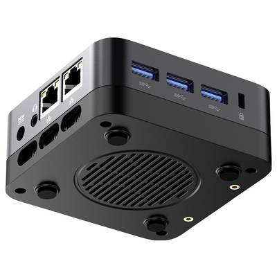 Schwarzer kompakter Mini-PC von unten gezeigt, mit sichtbaren Ethernet-, USB-, Kopfhörer- und Stromversorgungsanschlüssen auf der Rück- und Seitenseite.