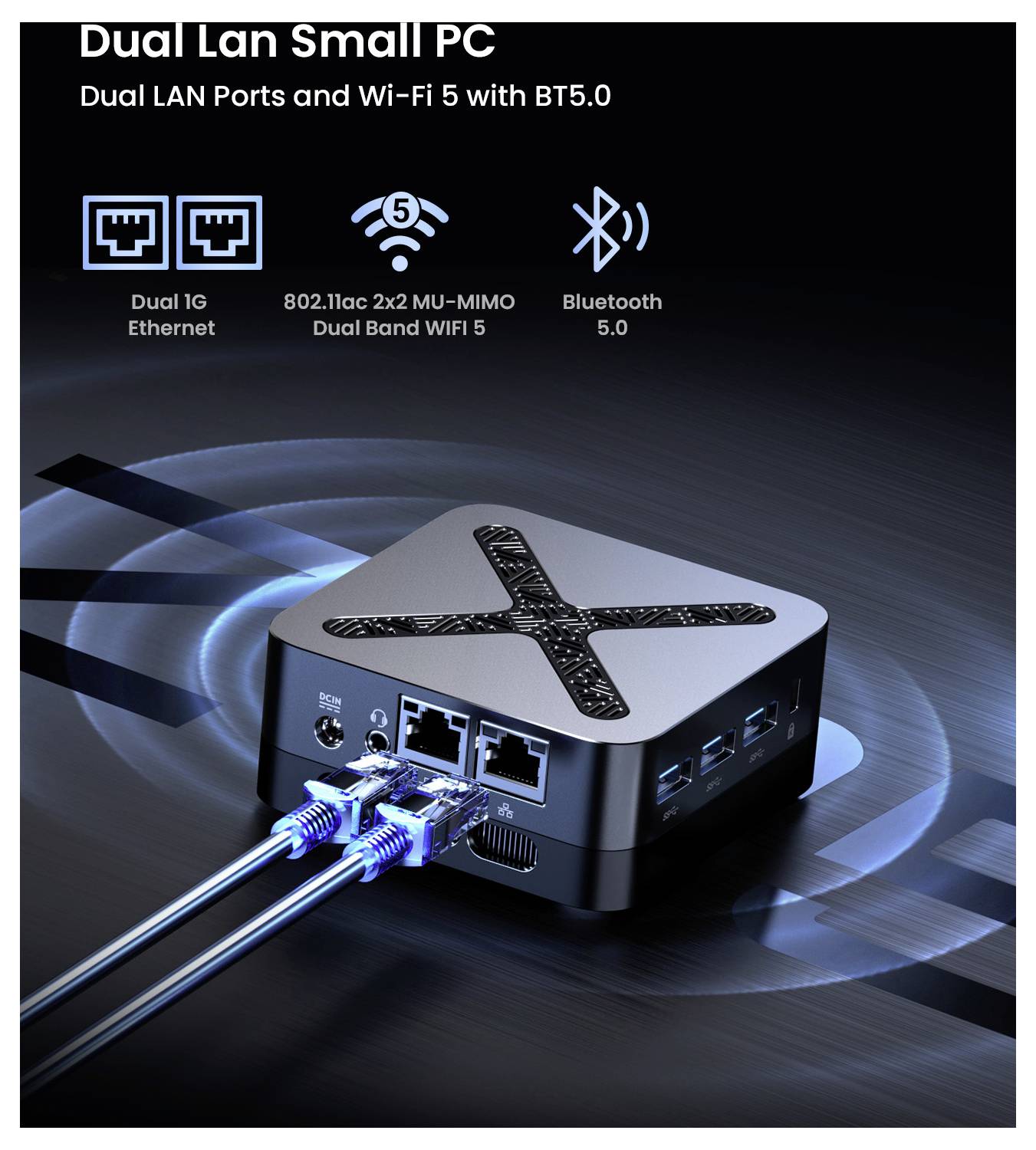 Kleiner PC mit Dual-LAN, zwei 1-G-Ethernet-Anschlüsse, Wi‑Fi 5 und Bluetooth 5.0, dargestellt mit zwei Ethernet-Kabeln, die in die vorderen Anschlüsse eingesteckt sind.