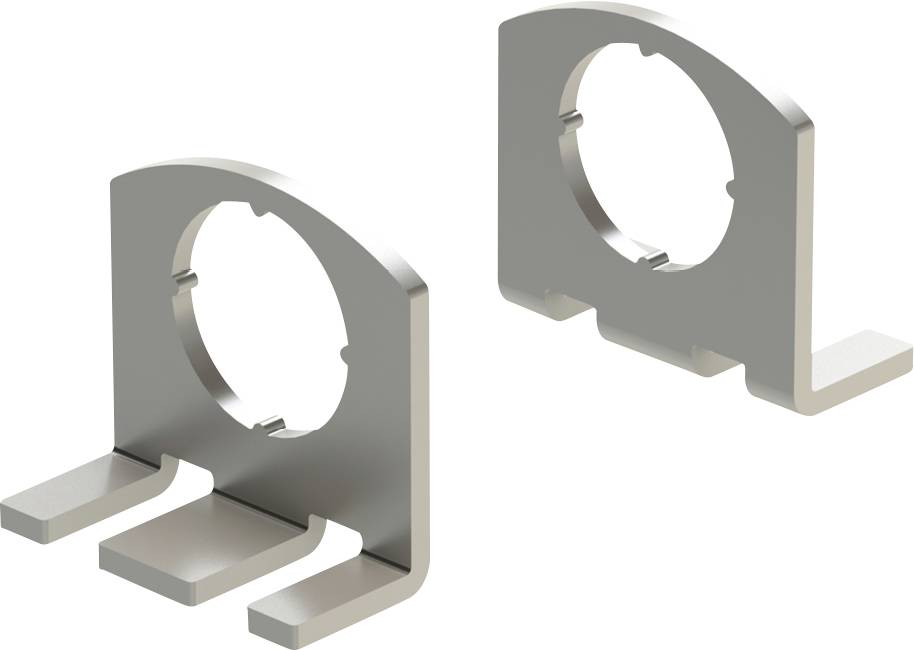 Zwei Metallhalterungen mit einer runden zentralen Ausnehmung und drei vorstehenden Beinen, die zum Abstützen oder Montieren von zylindrischen Objekten verwendet werden.