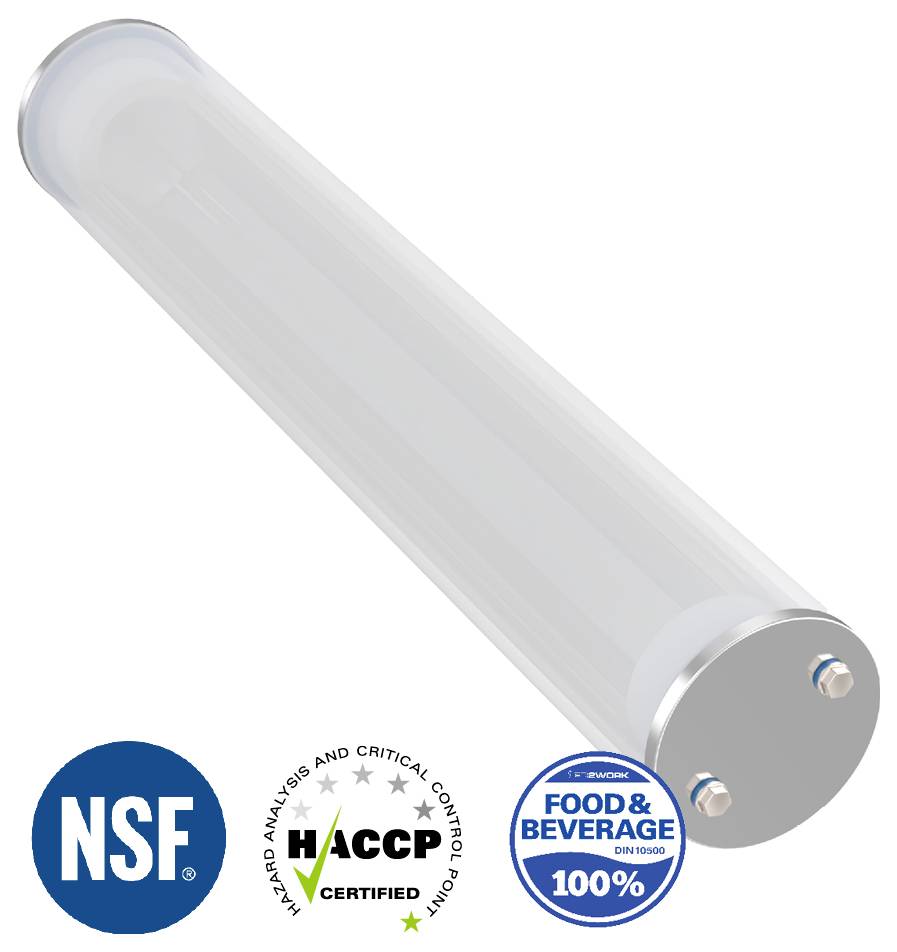 Eine zylindrische Schutzabdeckung mit Zertifizierungen: NSF, HACCP und „Food & Beverage 100%".