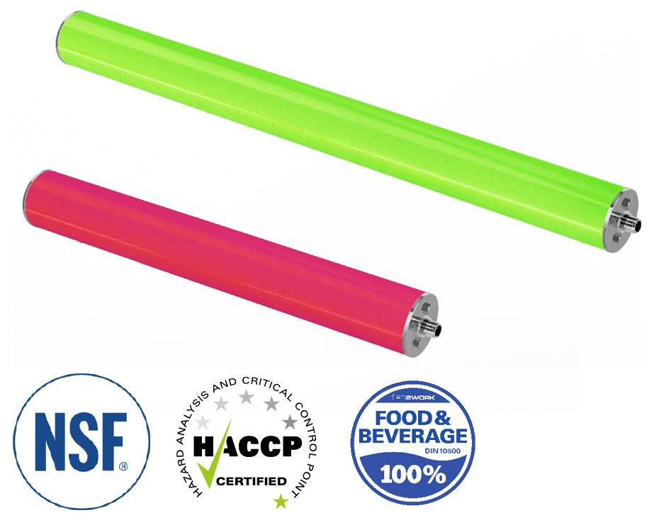 Zwei farbige Zylinderbürsten, eine grüne und eine rote, sind abgebildet. Logos darunter zeigen „NSF", „HACCP zertifiziert" und „Lebensmittel- und Getränkesicher".