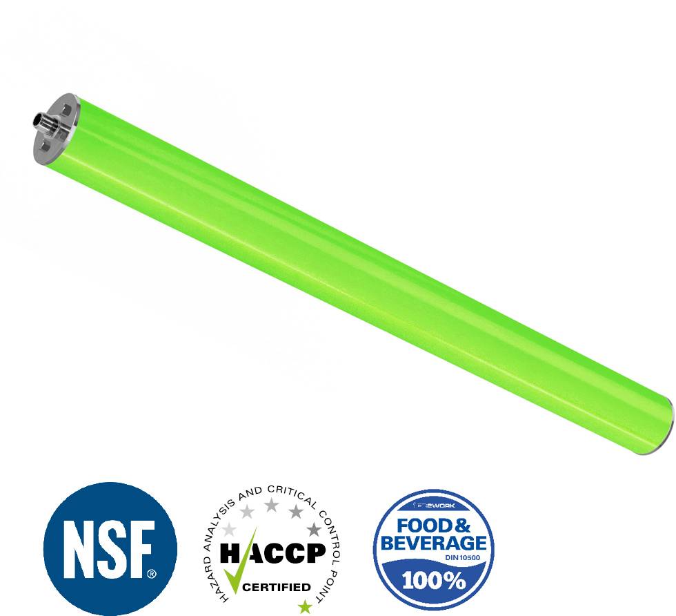 Grünes zylindrisches Produkt, wahrscheinlich ein Filter, mit NSF-, HACCP- und ISO 100% Lebensmittel- und Getränkezertifizierungslogos, die unten angezeigt werden.