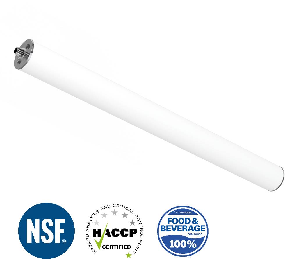 Ein zylindrischer UV-C-Licht-Desinfektionsgeräte mit NSF-, HACCP- und Lebensmittel- und Getränkesicherheitszertifizierungen, die die Eignung zur Desinfektion anzeigen.