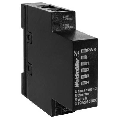 Verwalteter Ethernet-Switch mit vier LAN-Anschlüssen, gekennzeichnet als LAN1 10/100M und LAN2 10/100M. LED-Indikatoren für Stromversorgung und Anschlüsse.
