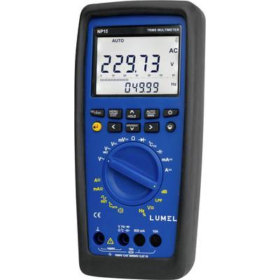 Ein digitales Multimeter mit blauem Bedienfeld zeigt '229,73 V' an. Es verfügt über Tasten für verschiedene Messfunktionen, einschließlich Spannungs- und Stromeinstellungen.