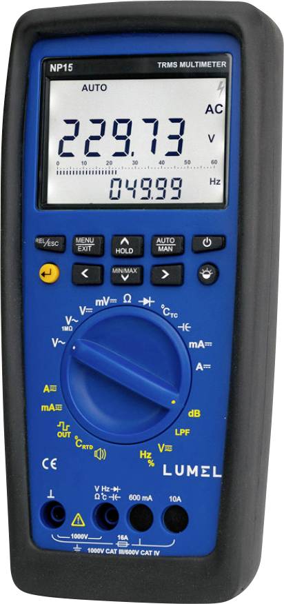 Ein blaues digitales Multimeter, das "229,73 V" anzeigt, mit verschiedenen Messmöglichkeiten und Tasten, das zur Messung elektrischer Werte verwendet wird.