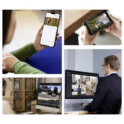 Eine Collage von Menschen, die Sicherheitskamera-Apps auf Smartphones und Computern nutzen und mehrere Videofeeds in verschiedenen Umgebungen überwachen.