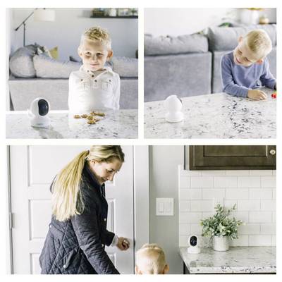„Zwei Kinder an einer Theke mit einem Babyphone im Vordergrund; eine Frau mit einem Kind, die eine Küche betreten, eine weitere Ansicht des Monitors."