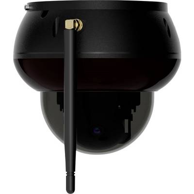 Eine schwarze, runde Sicherheitskamera mit einer Antenne ist auf einer Oberfläche montiert, mit Blickrichtung nach unten, wirkend schlank und modern.