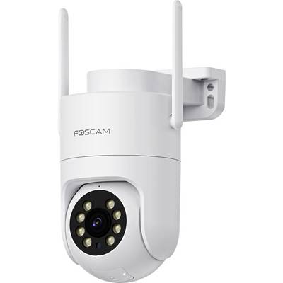 Eine weiße Sicherheitskamera mit zwei Antennen, wandmontiert, mit einem Objektiv umgeben von LED-Leuchten. Der Markenname "FOSCAM" ist sichtbar.