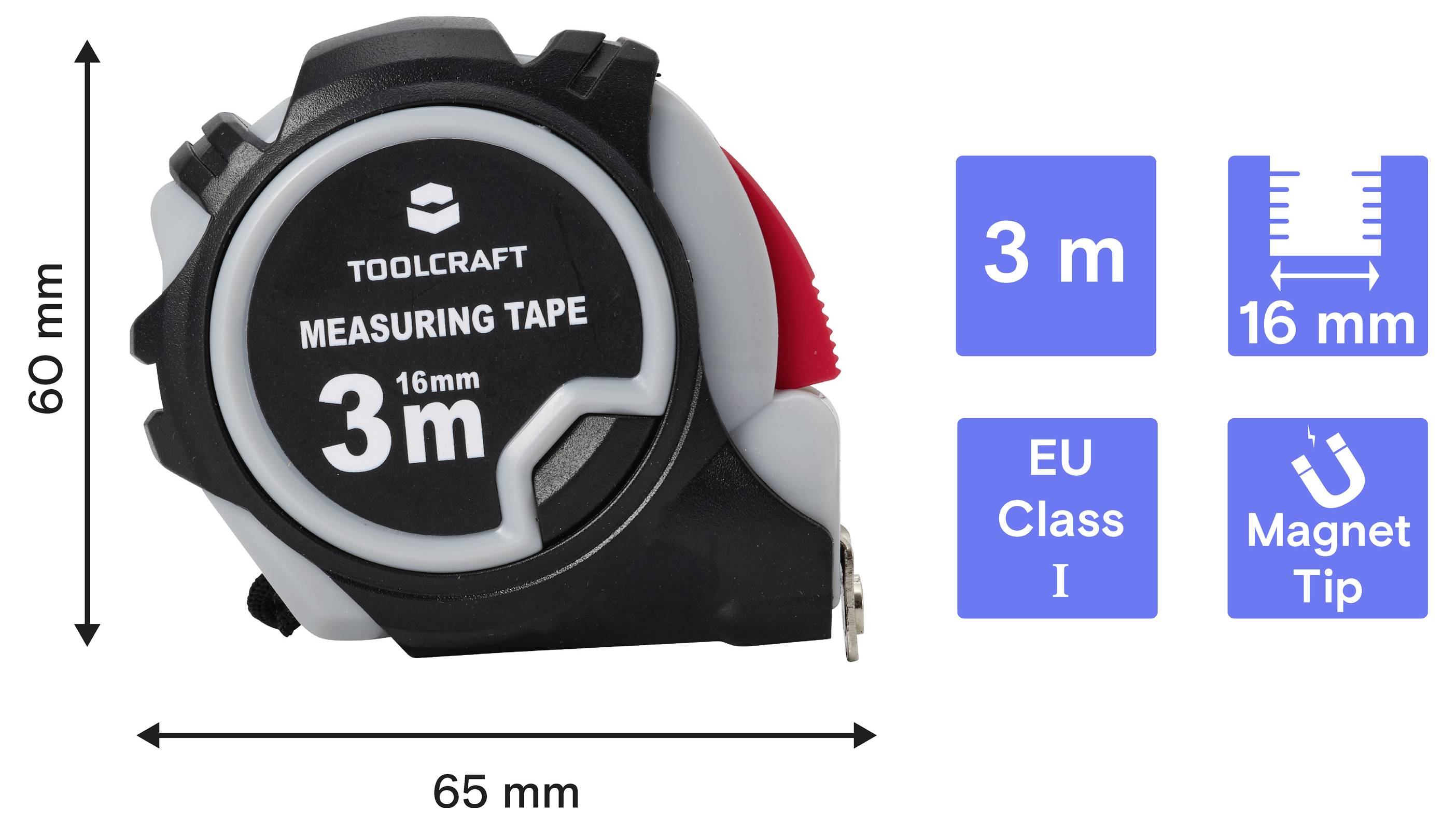 Produktbild eines Stahlmaßstabs der Marke Toolcraft mit der Bezeichnung „3 m", mit Größensymbolen, die eine Breite von 65 mm und eine Höhe von 60 mm zeigen, sowie „16 mm", „EU Klasse I" und „Magnet-Spitze".