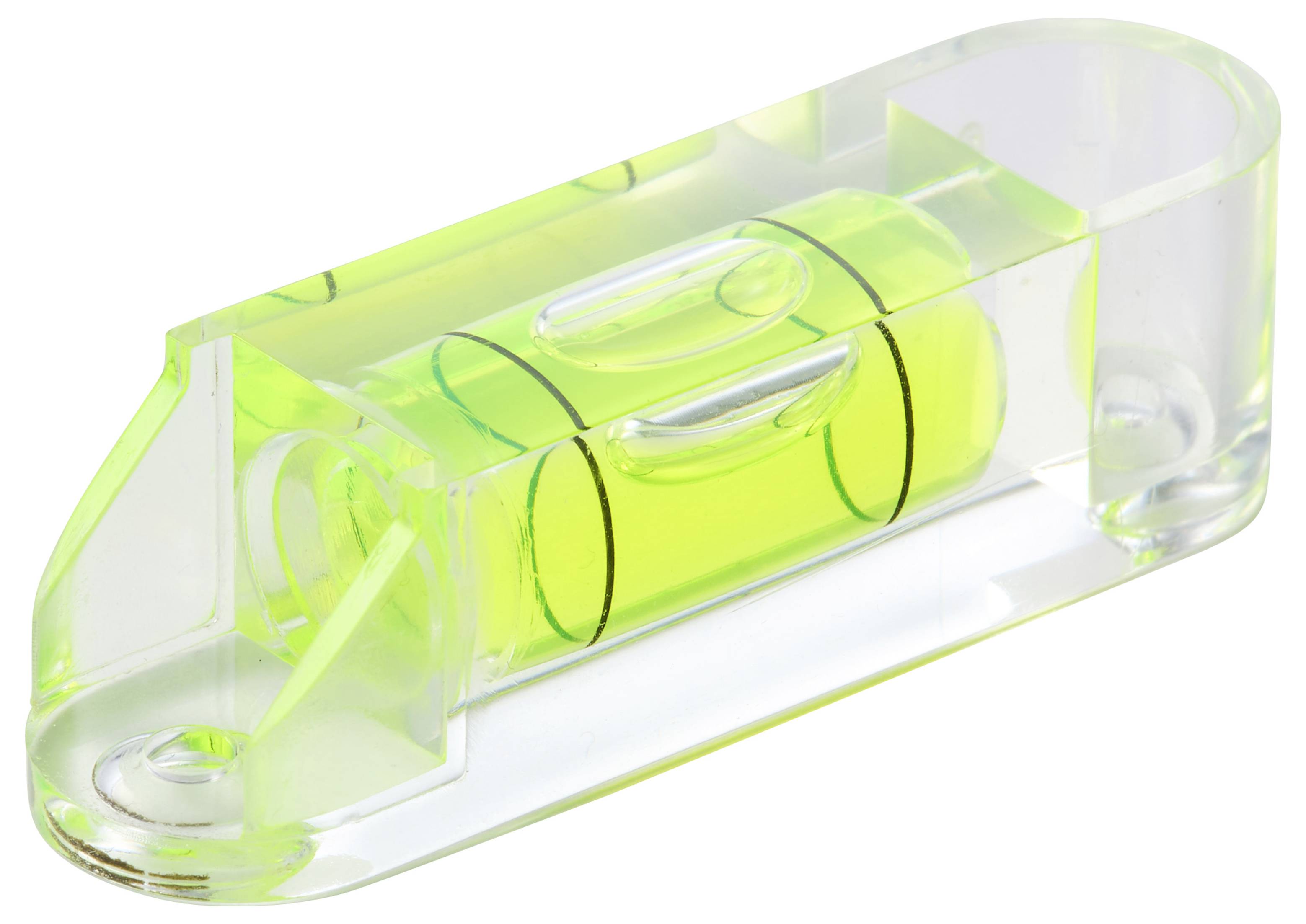 Ein klares neongrünes Wasserwaagenwerkzeug auf weißem Hintergrund, das verwendet wird, um zu überprüfen, ob Flächen waagerecht oder lotrecht sind.