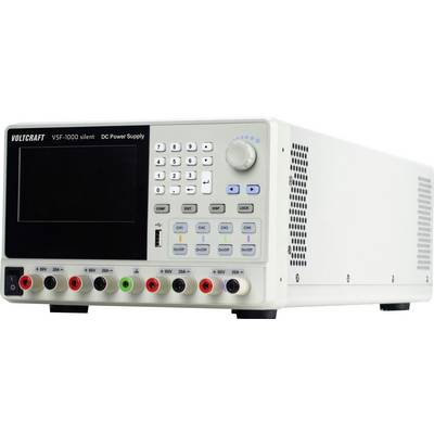 Frontansicht eines VOLTCRAFT VSF-1000 Silent-Gleichspannungsnetzteils mit leerem Display, Tastenfeld, Regelknopf und mehreren Ausgangsklemmen.