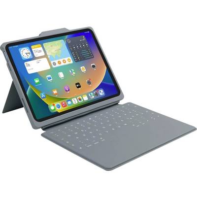 Ein Tablet in einem grauen faltbaren Gehäuse mit Tastatur wird angezeigt. Der Bildschirm zeigt verschiedene Apps und Widgets vor einem farbenfrohen Hintergrund.